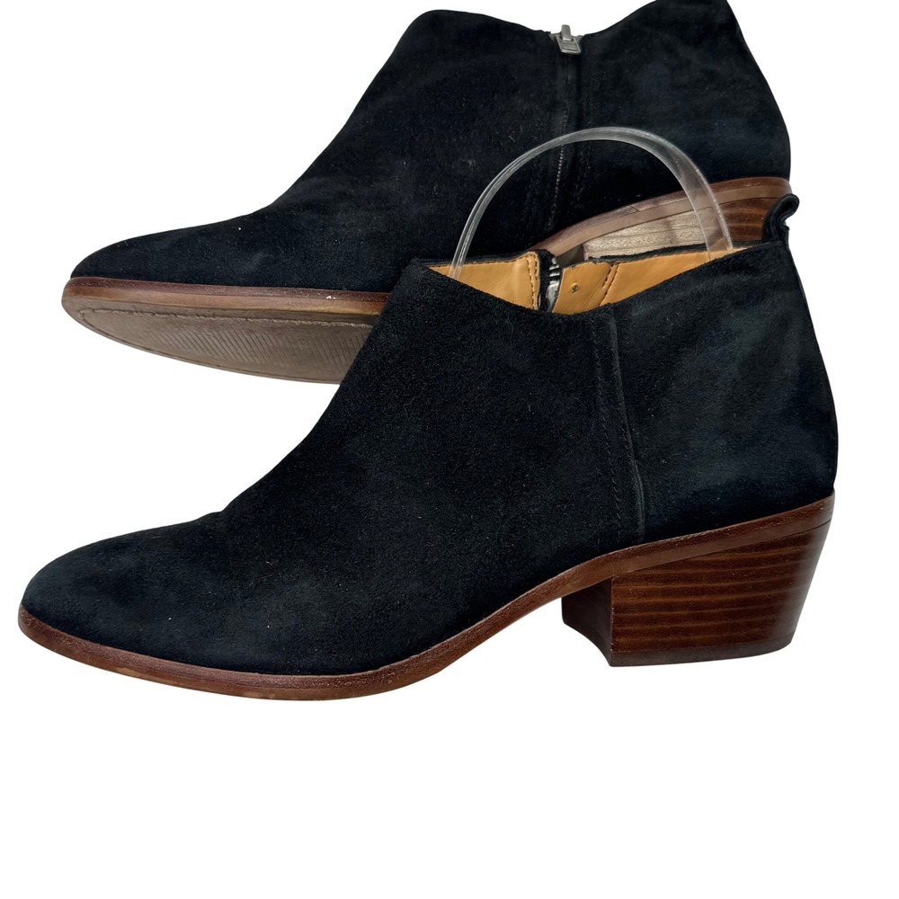J.Crew Ankle Boots Womens 8 Black Suede Wood Stacked Heel Pointed Toe Minimalist